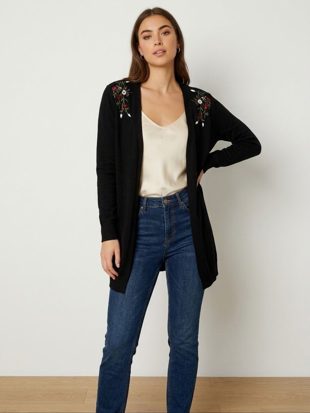 Esperanza Medium Black Floral Embroidered Open Knit Long Cardigan Boho